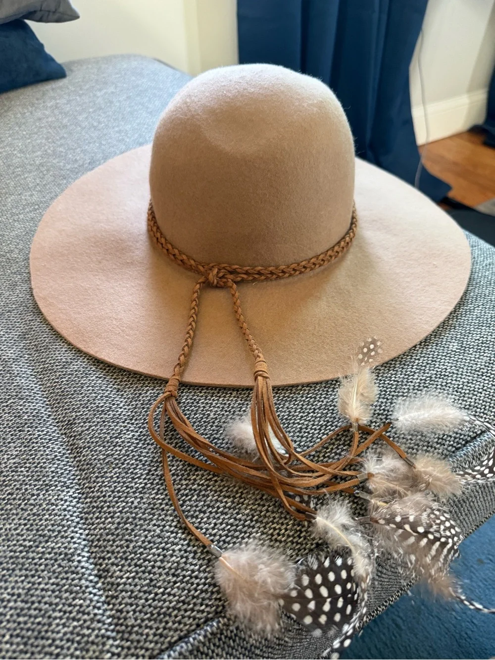 Aldo Tan Wide-Brim Felt Hat with Braided Band & Feather Tassels